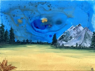 Magic blue Sky, yellow field and mountains