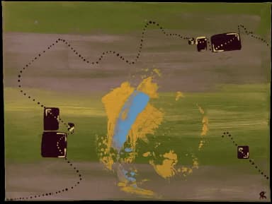 Purple dots and purple rectangles on the green-yellow background