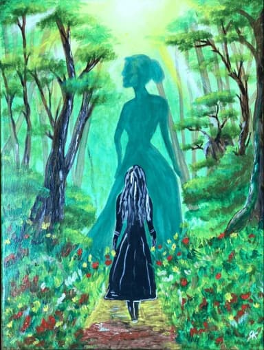woman and big shadow in the forest