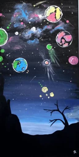 Space, planets, tree