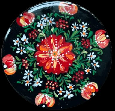 Petrykivka folk art. Red flowers with the green leaves on the black background