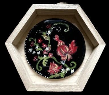 Petrykivka folk art. Red rooster with red flowers