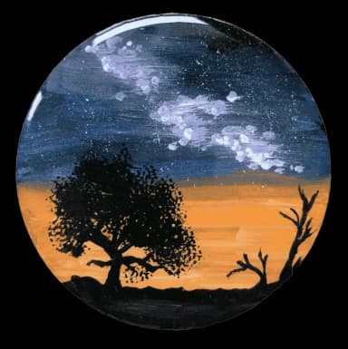 Black tree on the black space background with orange lights